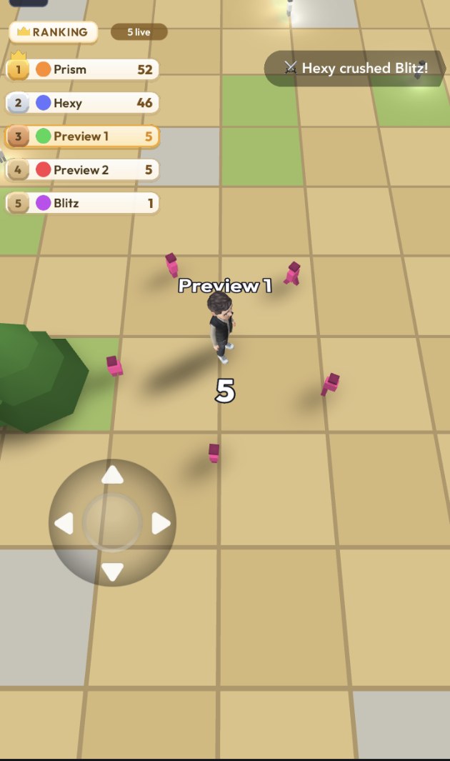 A live session: bots and players ranked together, with a kill posted to the shared event feed